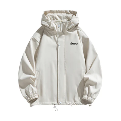 Jeep Logo Print Casual Windbreaker Jacket Unisex Loose Fit Beige P743MWJ932