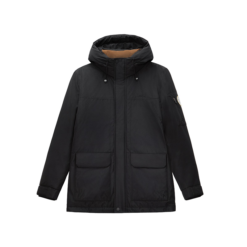 Lookbook Jeep 男女款白色羽绒防风保暖连帽夹克带标志。 P844MWD001