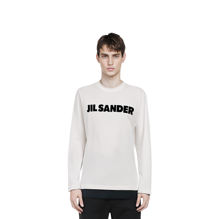 Shop JIL SANDER 白色圓領字母印花長袖運動衫。 J22GC0136-J45047-102