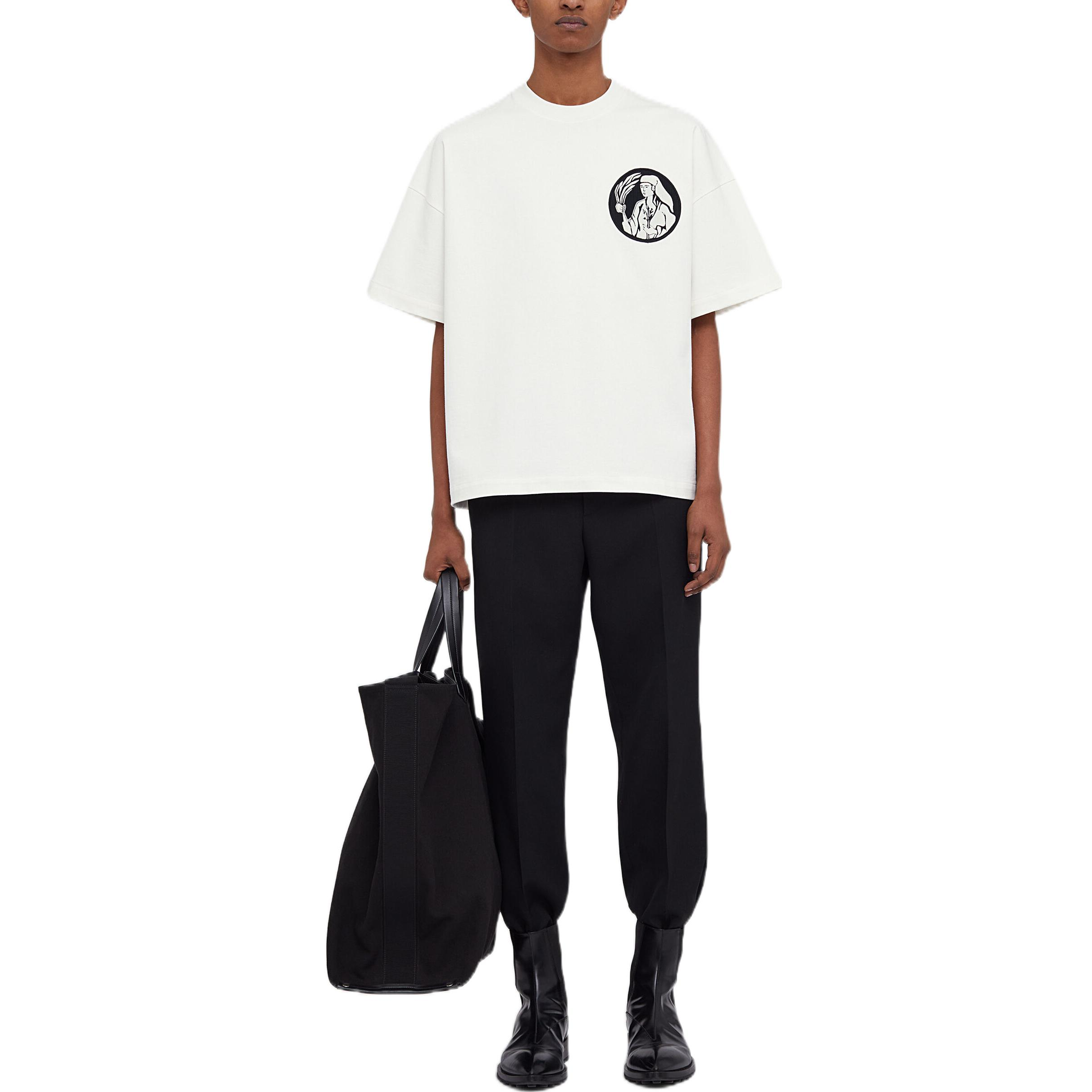 Shop JIL SANDER 2022秋冬肖像印花宽松版白色圆领T恤。 J21GC0018-J45092-126