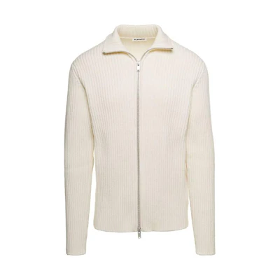 JIL SANDER Minimalist Ribbed Knit Zip-Up Sweatshirt White J22HP001-3J14632-106
