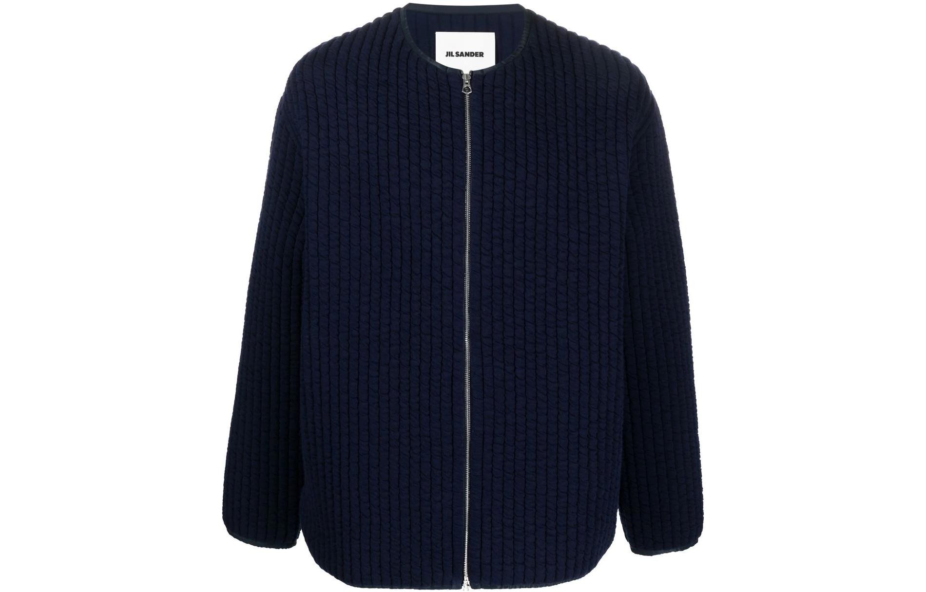 JIL SANDER Solid Color Ribbed Knit Zip Jacket Navy Blue JSMU707020-MU257018