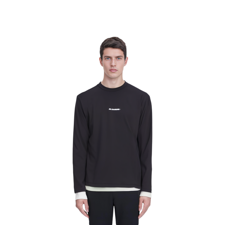 Shop JIL SANDER SS22 男士黑色Logo圖案長袖圓領T恤 JPUU783505MU458208001