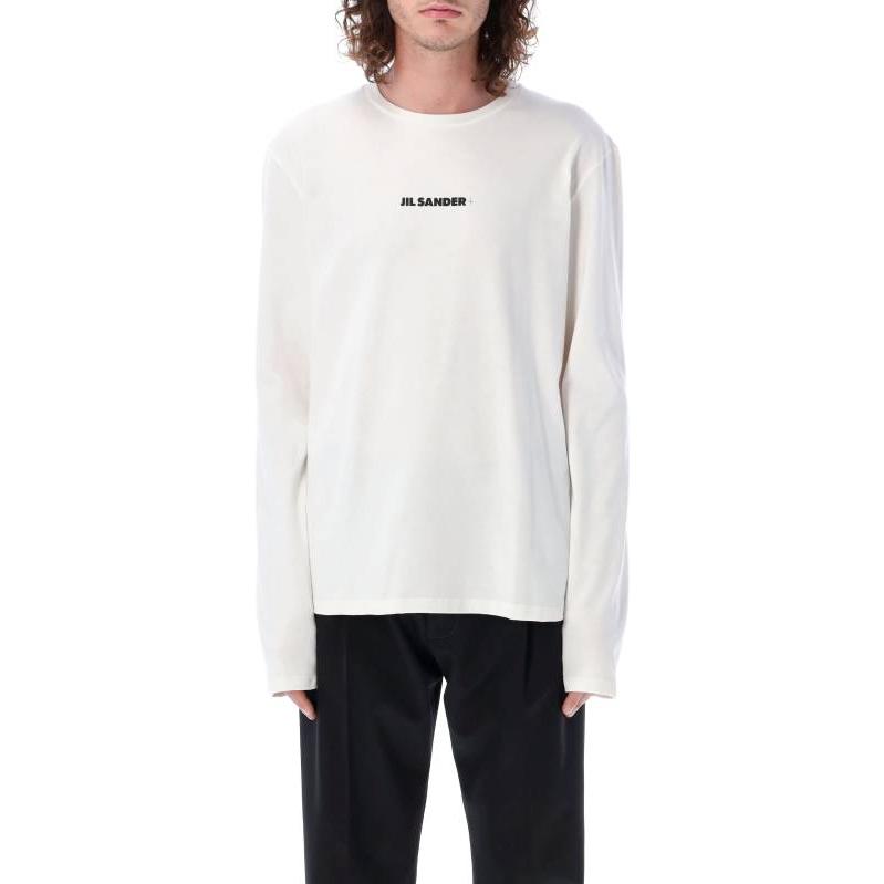 Shop 질 샌더 SS23 화이트 레터 프린트 크루넥 긴팔 티셔츠 J47GC0116J20103102