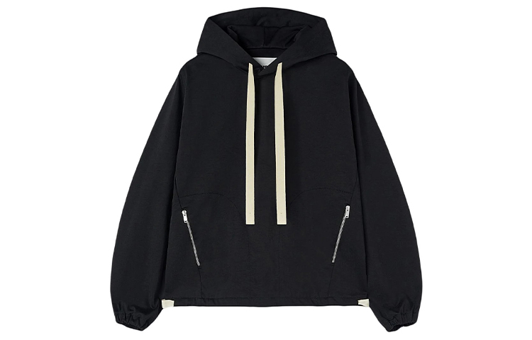 JIL SANDER SS23 Black Solid Color Hoodie with Side Pockets and Drawstring J22GU0111J20058