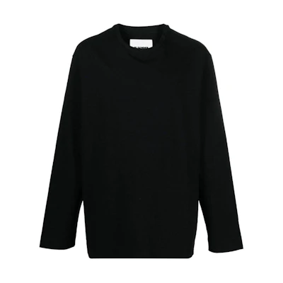 JIL SANDER SS24 Black Stretch Knit Pullover Crewneck Long Sleeve Tee Mens. J22GC0167J20017-BLACK