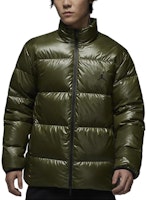 Jordan Olive Green/Black Logo Pattern Puffer Jacket - Warm and Casual. FV7272-222 Jordan Olive Green/Black Logo Pattern Puffer Jacket - Warm and Casual. FV7272-222