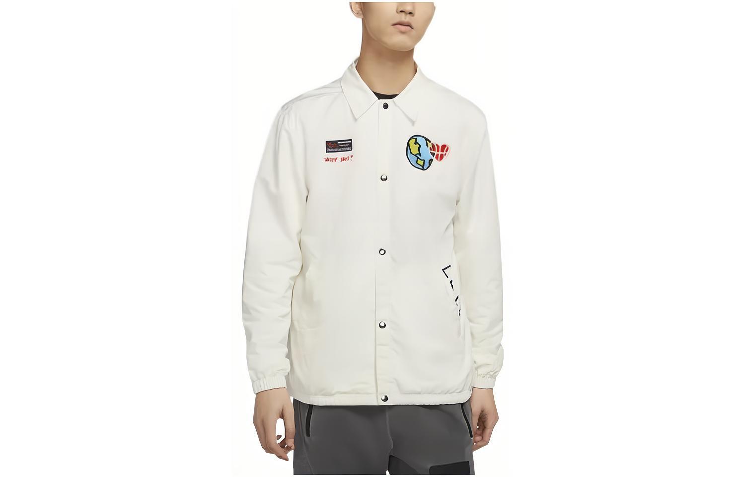 Jordan Cartoon Letter Earth Embroidery White Button-Up Jacket Long Sleeve CW4268-100