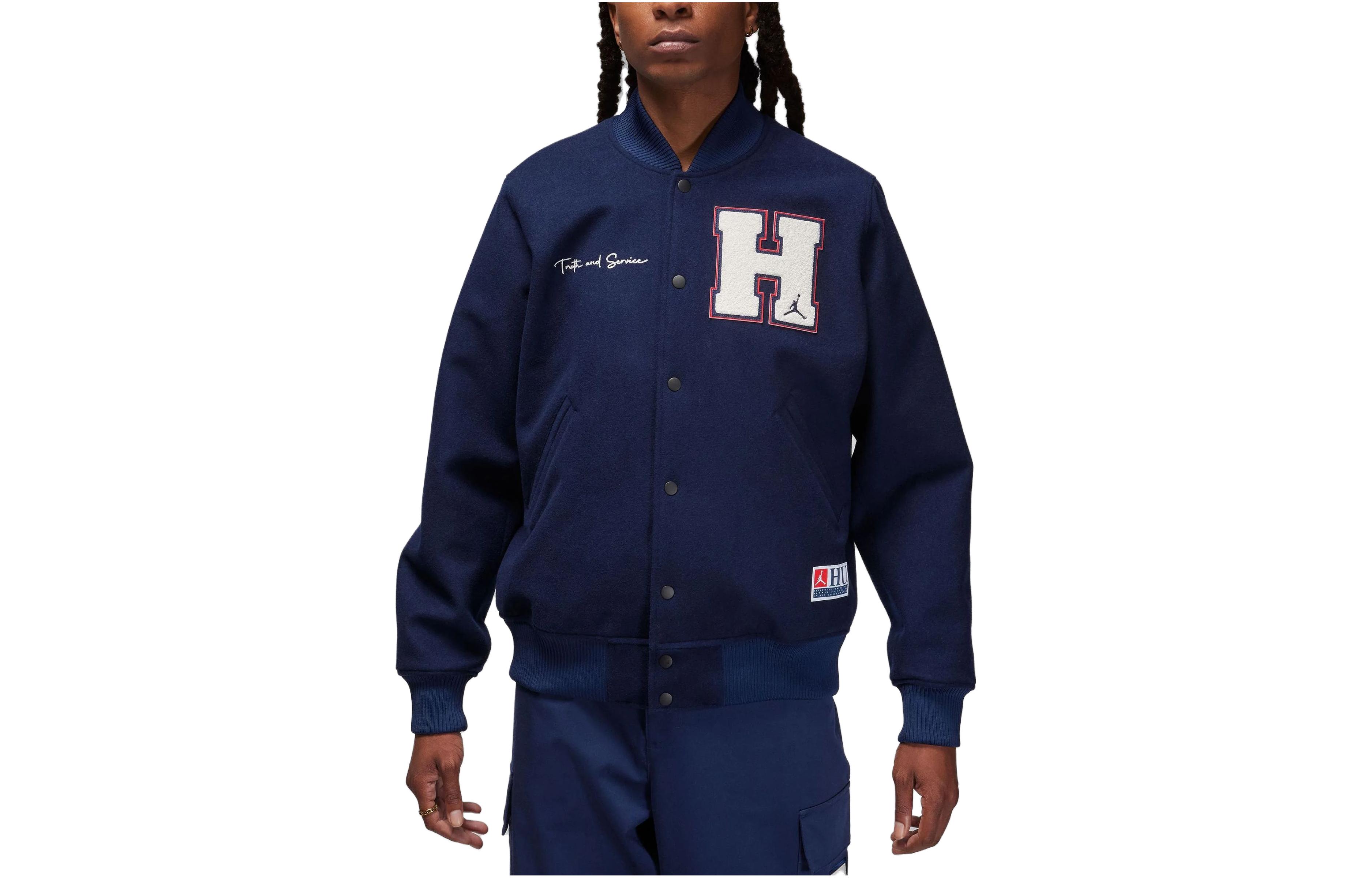 Jordan Letter Animal Embroidered Snap-Button Jacket Navy Blue FJ9340-419