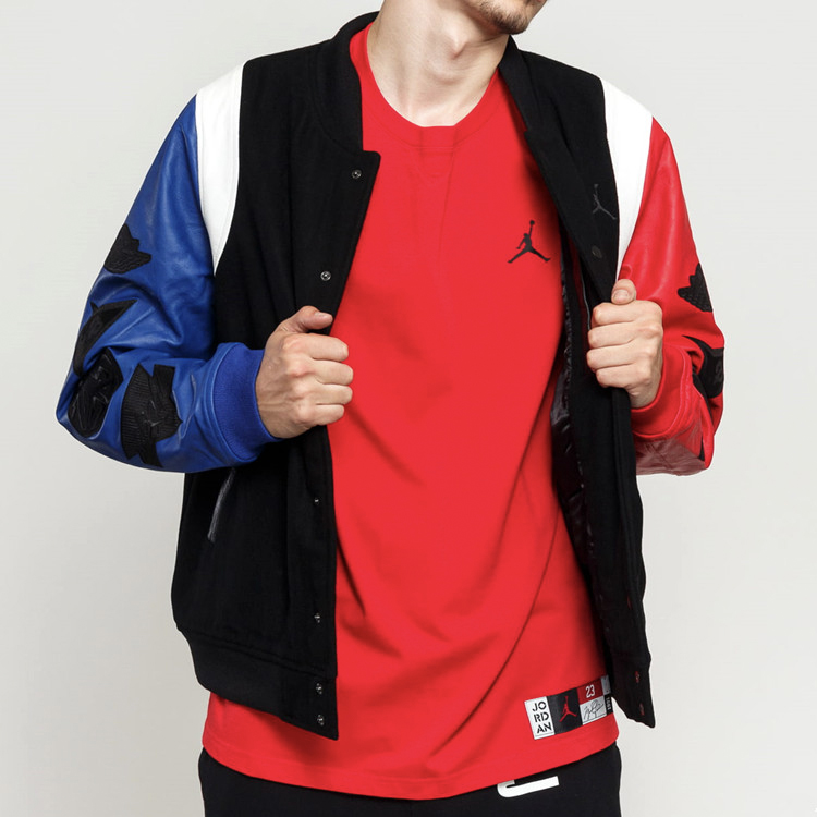 Shop Jordan Mixed Sleeves Destroyer Leather Pilot Jacket Hitam AT9959-010