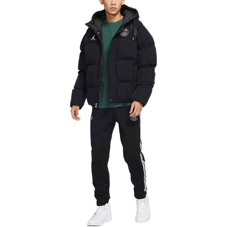 Shop 조던 PSG 로고 후드 패딩 재킷 블랙 윈터 파리 에디션 DB6495-010