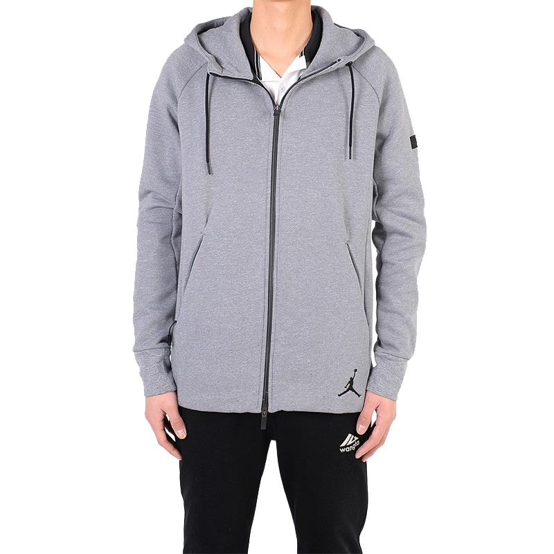 Jordan Solid Color Logo Print Zip-Up Drawstring Hoodie Jacket Grey () 809473-065
