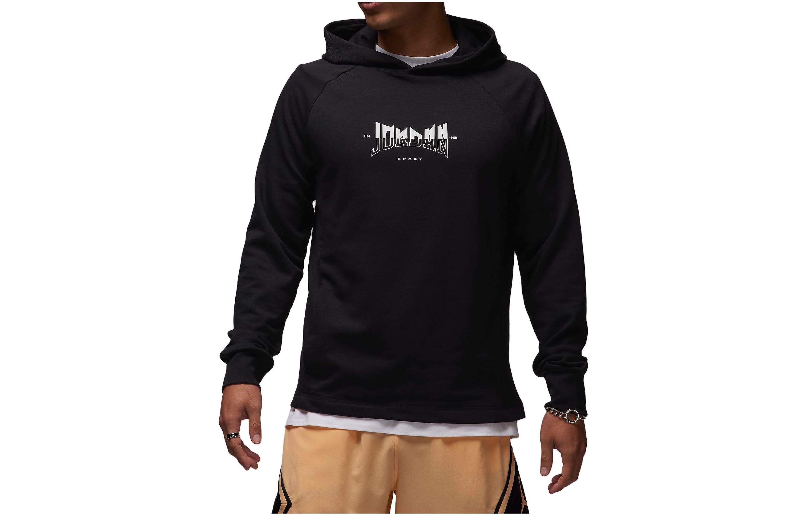 Jordan Sport Logo Print Hoodie Black Ribbed Long Sleeve FQ6809-010