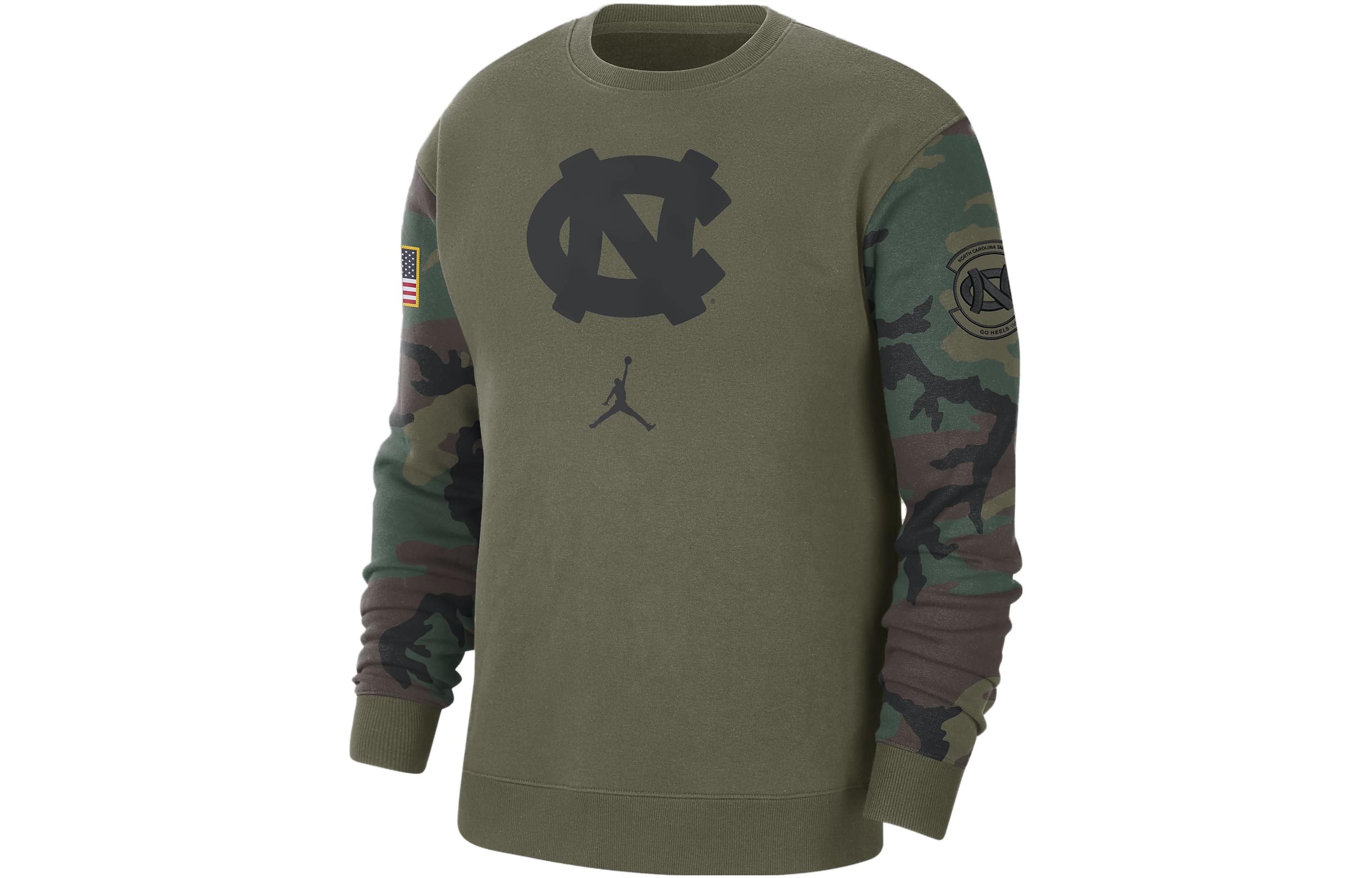 Jordan UNC Club Fleece Camo Print Crewneck Sweatshirt Olive Green DZ8068-222
