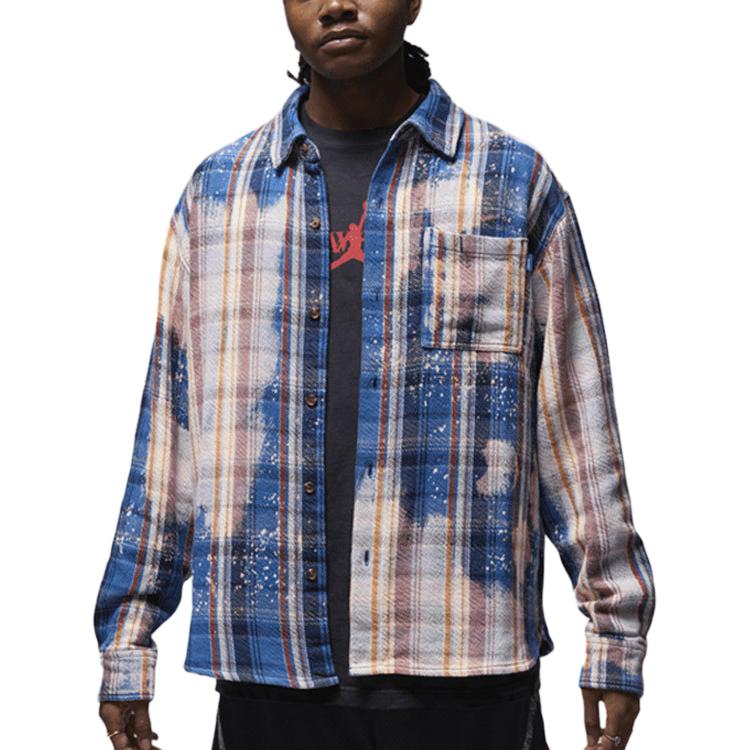 Shop Jordan x Awake NY Plaid Button-Up Long-Sleeve Shirt Navy Unisex Casual Style FQ5454-498