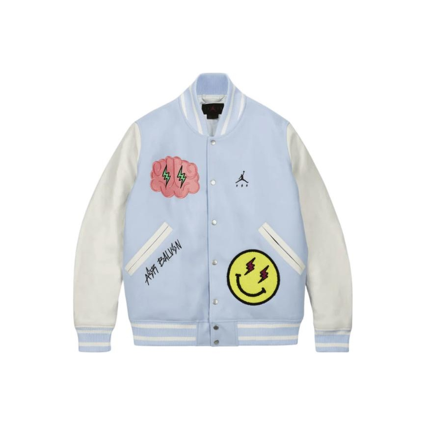 Jordan Balvin Collaboration Cartoon Patch Baseball Jacket Light Blue DX1734-441