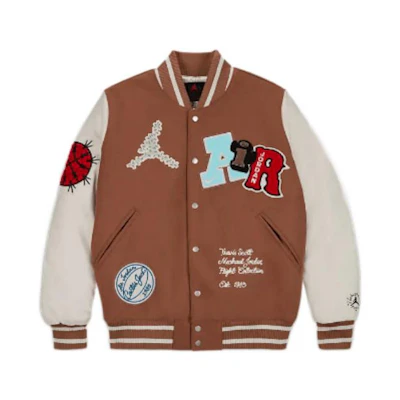 Jordan Travis Brown Patchwork Letter Print Baseball Jacket for Men. DO4104-256