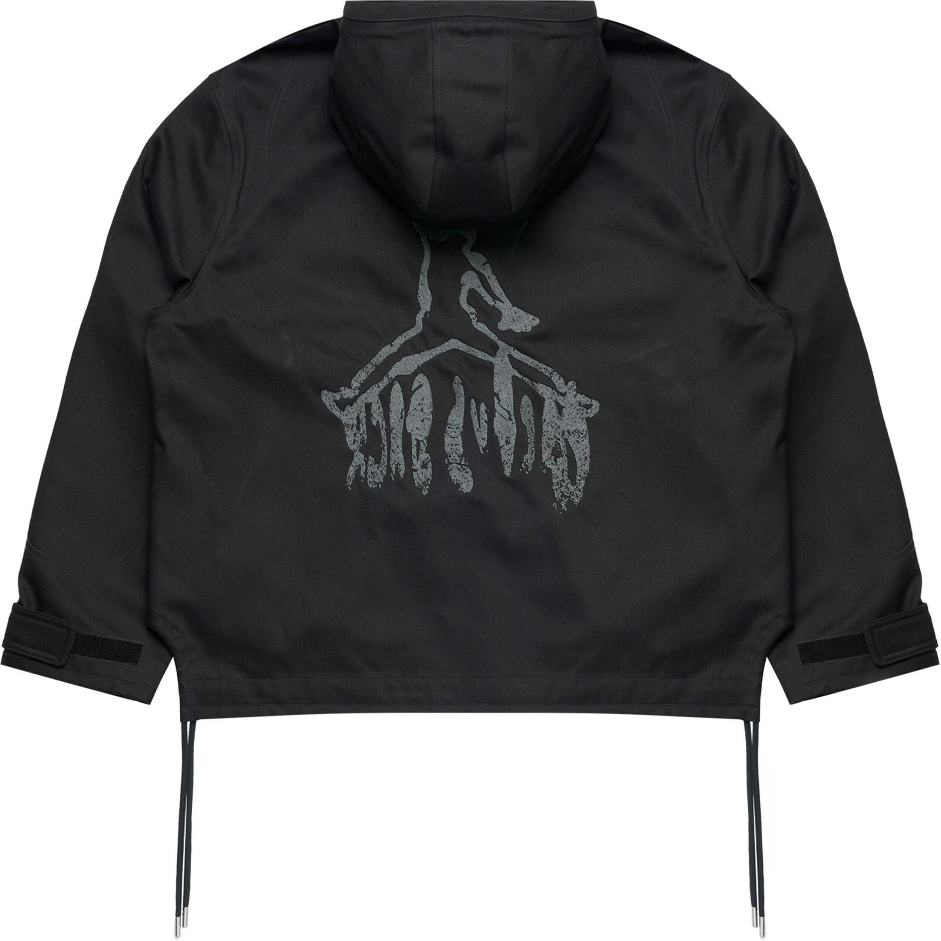 Lookbook 조던 x 트래비스 스캇 FW24 블랙 로고 남성용 롱슬리브 후드 재킷. DZ5488-010