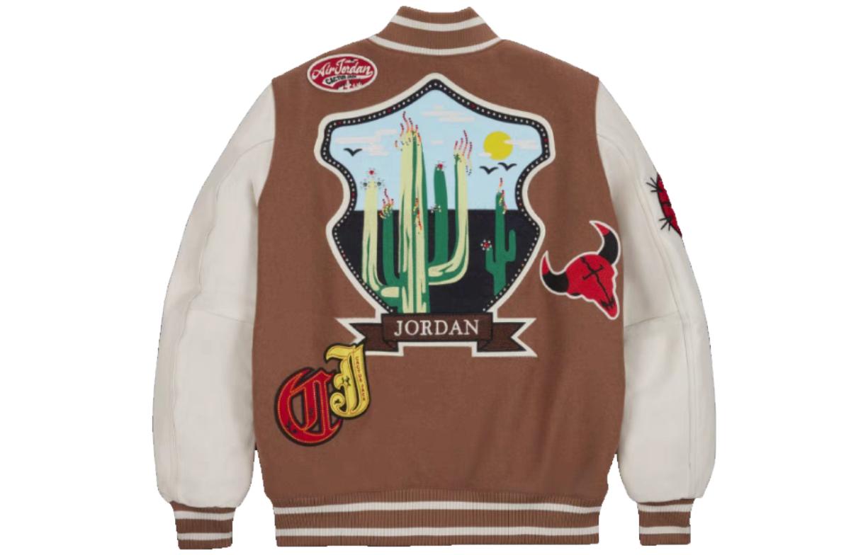 Lookbook 조던 x 트래비스 스캇 패치워크 프린트 버튼업 베이스볼 자켓 브라운 DO4103-256