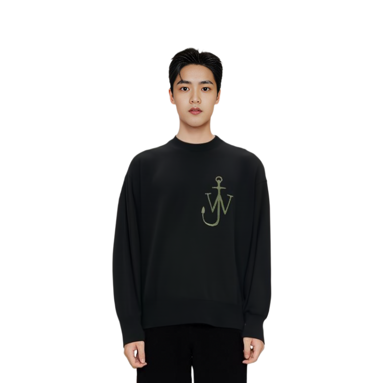 Sizing JW Anderson Sweater Wol Hitam Bermotif Crewneck Pullover. KT0045YN0008-999