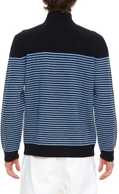 JW Anderson Suéter Tejido Azul a Rayas con Media Cremallera y Cuello Alto. KW0615YN0008-887 Lookbook JW Anderson Suéter Tejido Azul a Rayas con Media Cremallera y Cuello Alto. KW0615YN0008-887