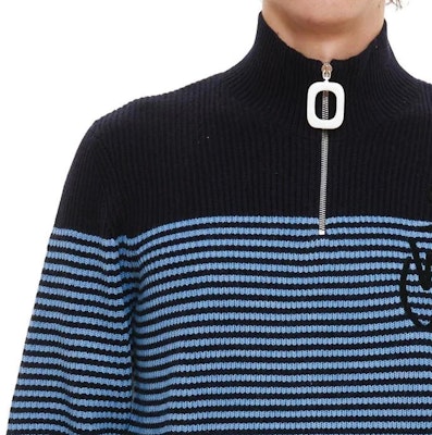 JW Anderson Suéter Tejido Azul a Rayas con Media Cremallera y Cuello Alto. KW0615YN0008-887 Details for JW Anderson Suéter Tejido Azul a Rayas con Media Cremallera y Cuello Alto. KW0615YN0008-887