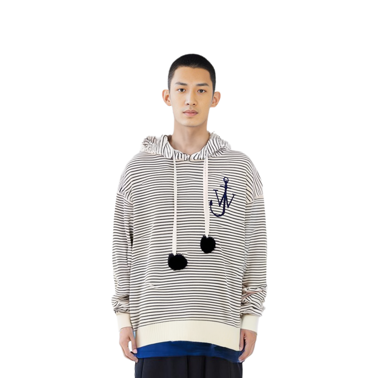 Sizing JW Anderson Pom Pom Hoodie Berjalur Kelabu Putih Pullover. KT0011YN0128-002
