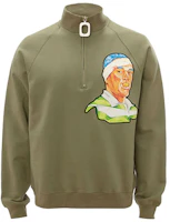 JW Anderson FW21 Half-Zip Sweatshirt Army Green Mens Portrait Print JO0083PG0458-575 JW Anderson FW21 Half-Zip Sweatshirt Army Green Mens Portrait Print JO0083PG0458-575