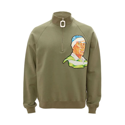 JW Anderson FW21 Half-Zip Sweatshirt Army Green Mens Portrait Print JO0083PG0458-575