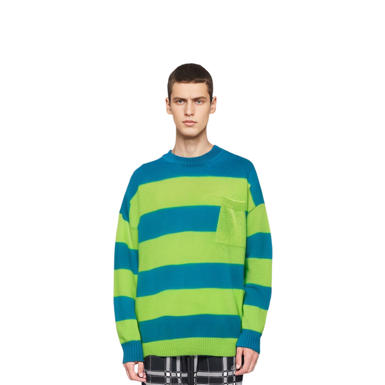Details for JW Anderson FW21 Logo Stripe Crewneck Sweater Biru Pullover. KW0547YN0177-826
