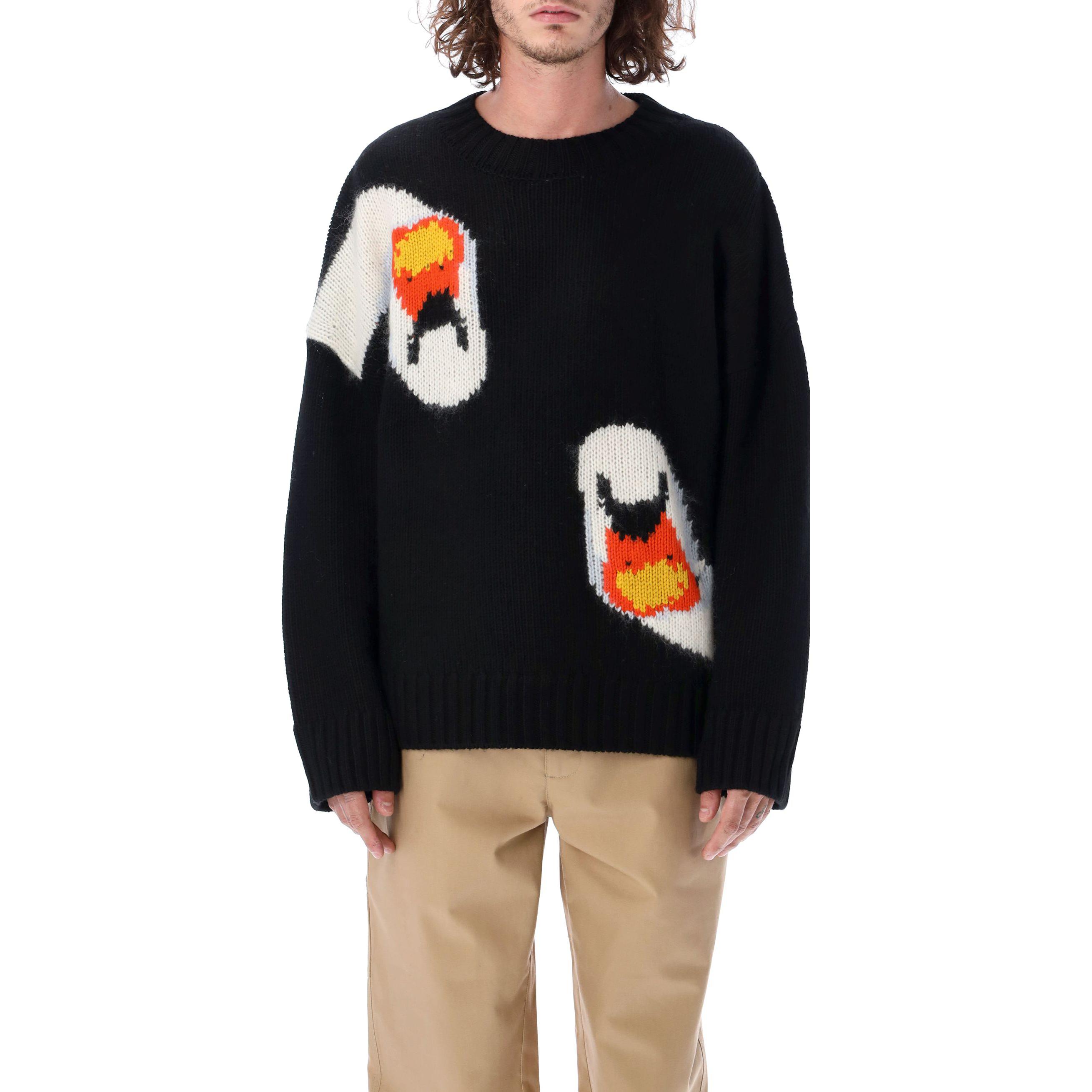 Shop JW Anderson FW22 Corak Baju Sweater Wool Rajutan Leher Bulat Hitam KW0701YN0008-999