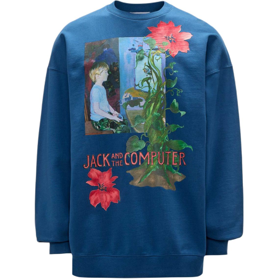 Order JW Anderson FW24 Baju Crewneck Biru dengan Logo Sulam & Cetakan Bunga JW0182PG1598800