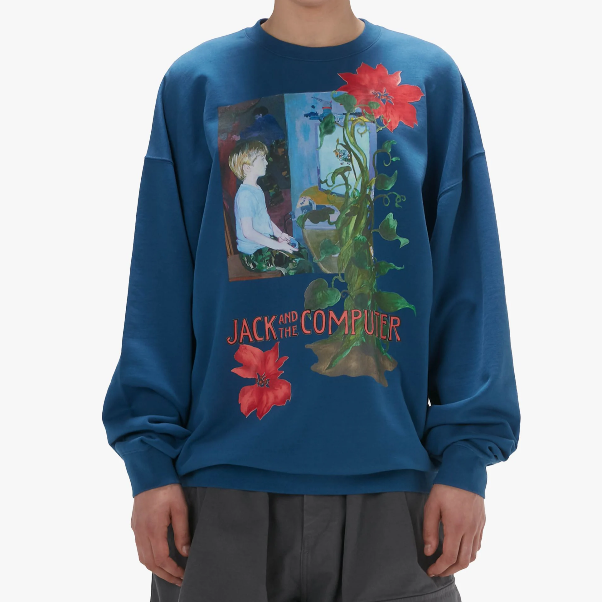 Lookbook JW Anderson FW24 Baju Crewneck Biru dengan Logo Sulam & Cetakan Bunga JW0182PG1598800