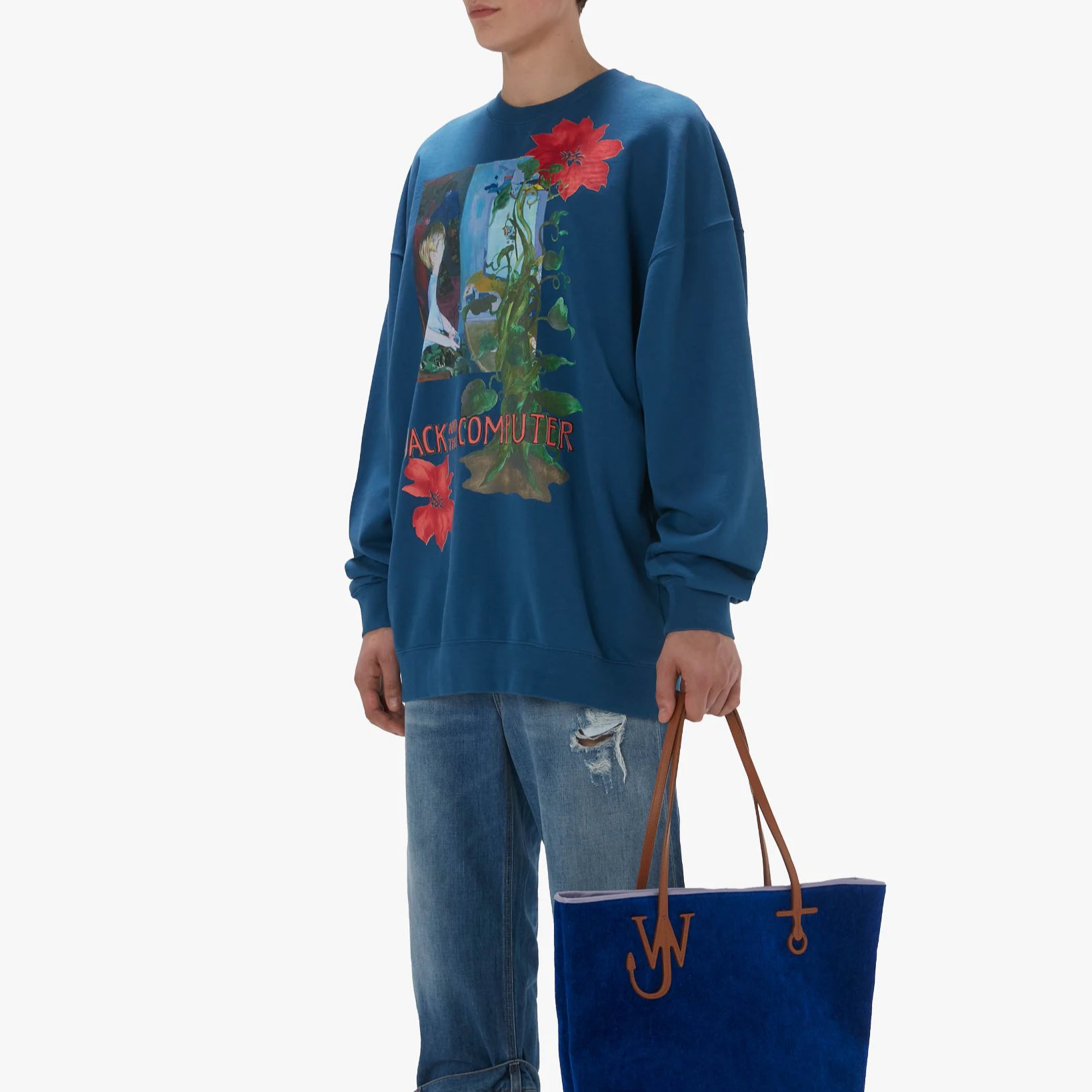 Purchase JW Anderson FW24 Baju Crewneck Biru dengan Logo Sulam & Cetakan Bunga JW0182PG1598800