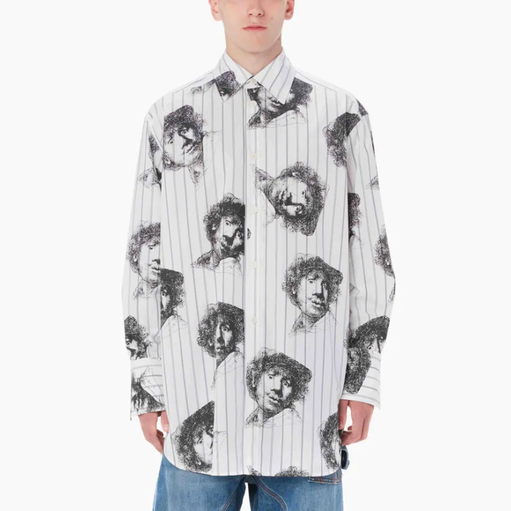 Lookbook Camisa Unisex Blanca Rayada con Retrato Dibujado Rembrandt SS23 JW Anderson SH0227PG1154903
