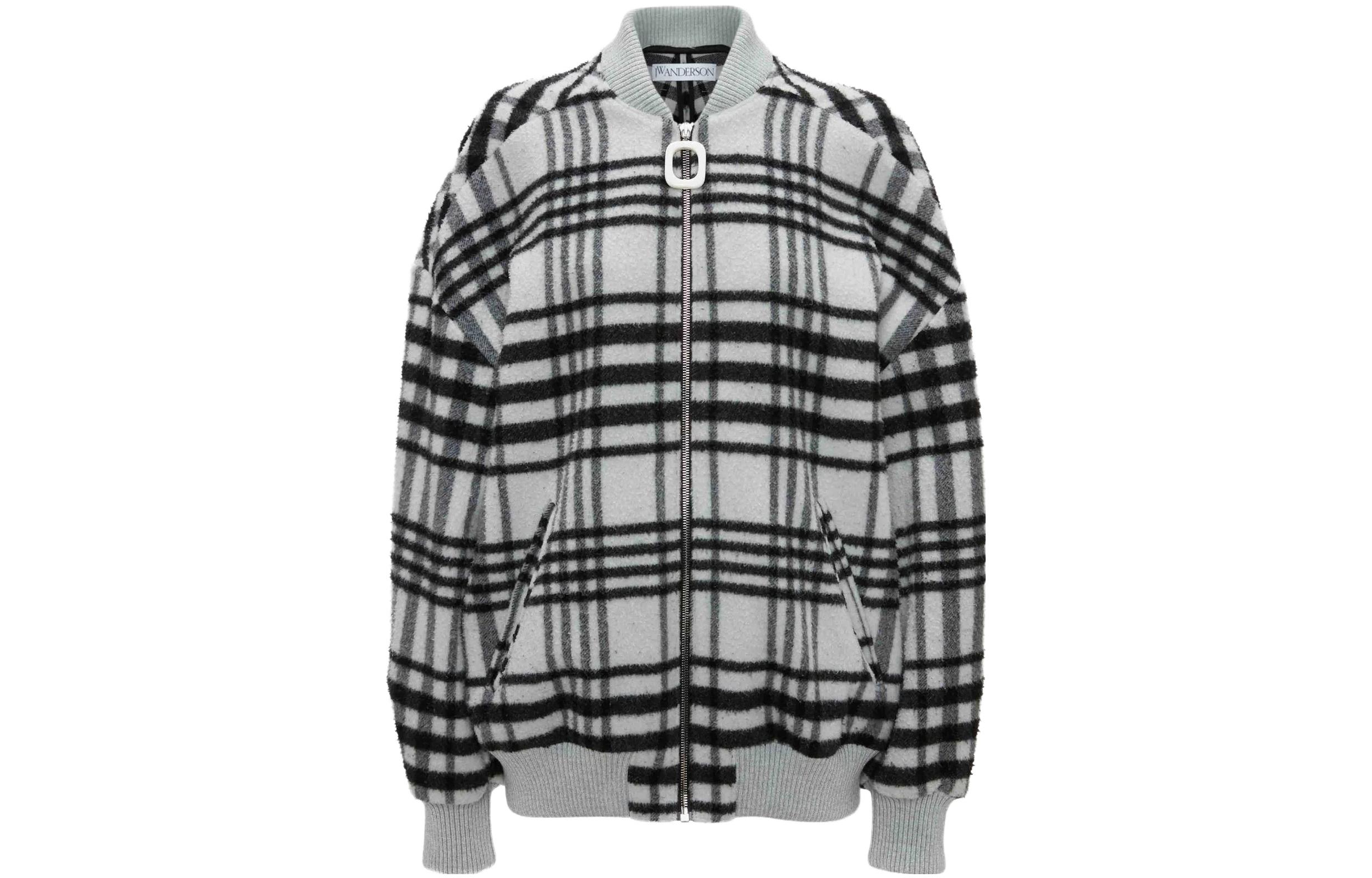 JW Anderson SS23 Ribbed Plaid Zip-Up Oversized Jacket Unisex Black White CO0262PG1323903