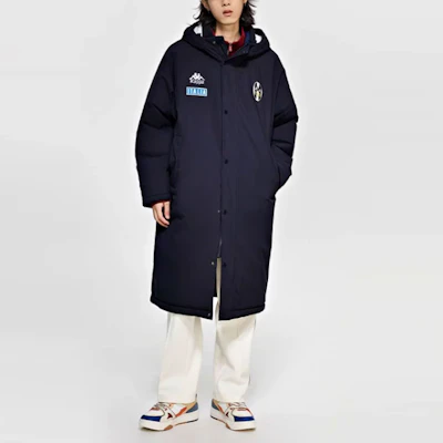 カッパ ロングフードパデッドジャケット ダークブルー/ブラック ロゴ刺繍入り。 K0D72MM03-906 Shop カッパ ロングフードパデッドジャケット ダークブルー/ブラック ロゴ刺繍入り。 K0D72MM03-906
