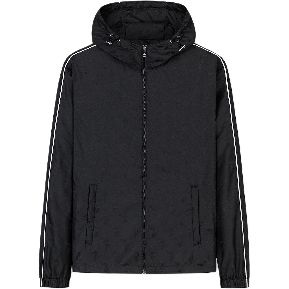 KARL LAGERFELD  Black Logo Full-Zip Hoodie Jacket with Striped Trim. 241N1414