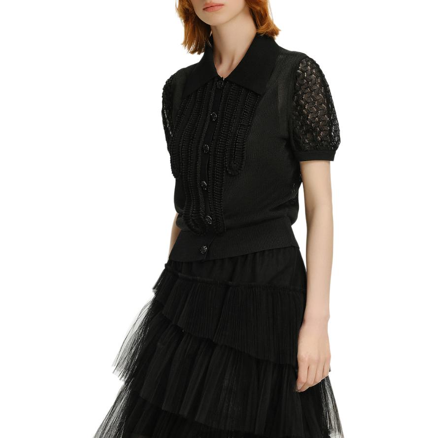 Sizing KARL LAGERFELD  Black Short Sleeve Knit Shirt Casual Luxury Style 241L2047