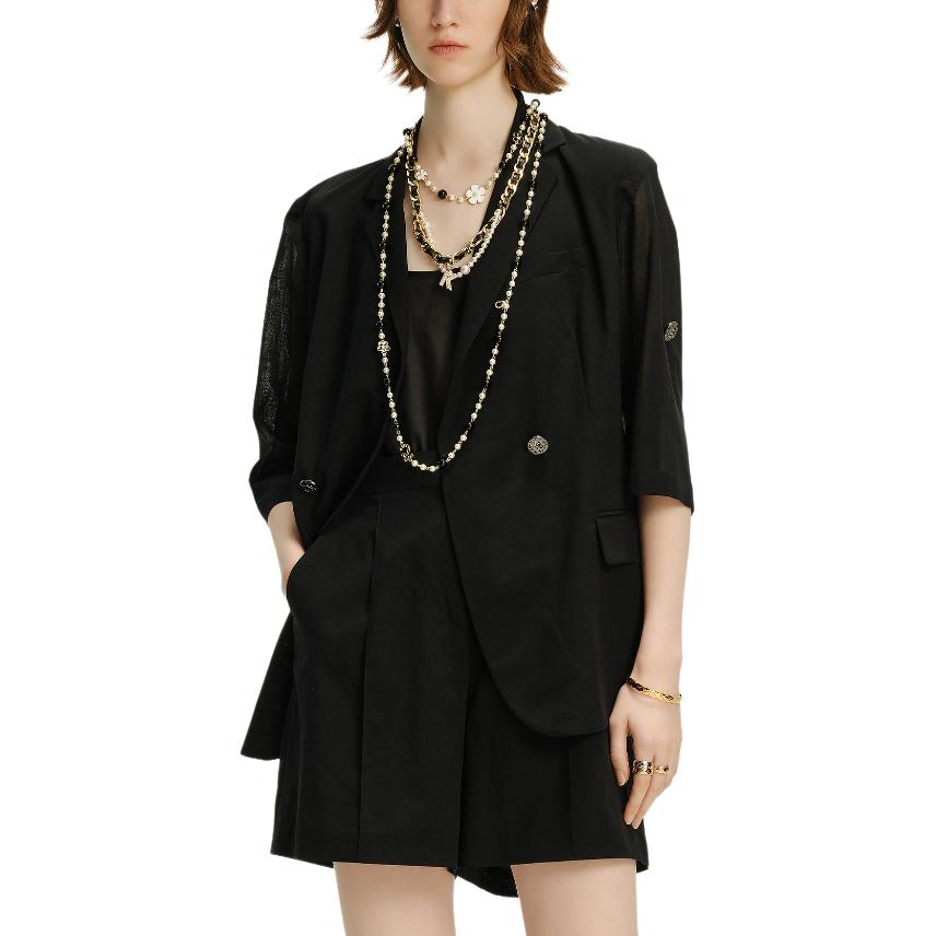 Details for カール・ラガーフェルド ブラック シングルボタン スリムフィット 7分袖 エレガントジャケット 241L1438