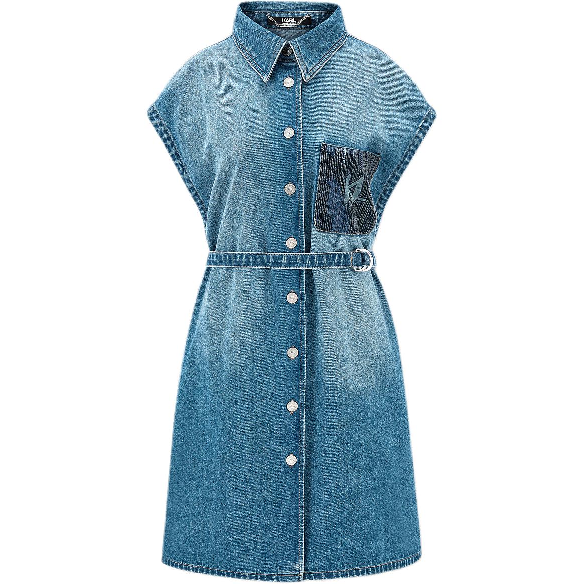 KARL LAGERFELD  Blue Pocket Buttoned Denim Short Sleeve Mini Dress 231L1347