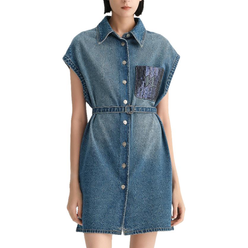Shop KARL LAGERFELD  Blue Pocket Buttoned Denim Short Sleeve Mini Dress 231L1347