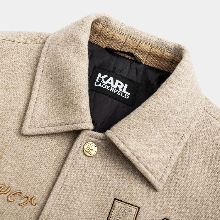 Shop KARL LAGERFELD  Light Brown Logo Patch Single-Breasted Casual Blazer. 236M1473