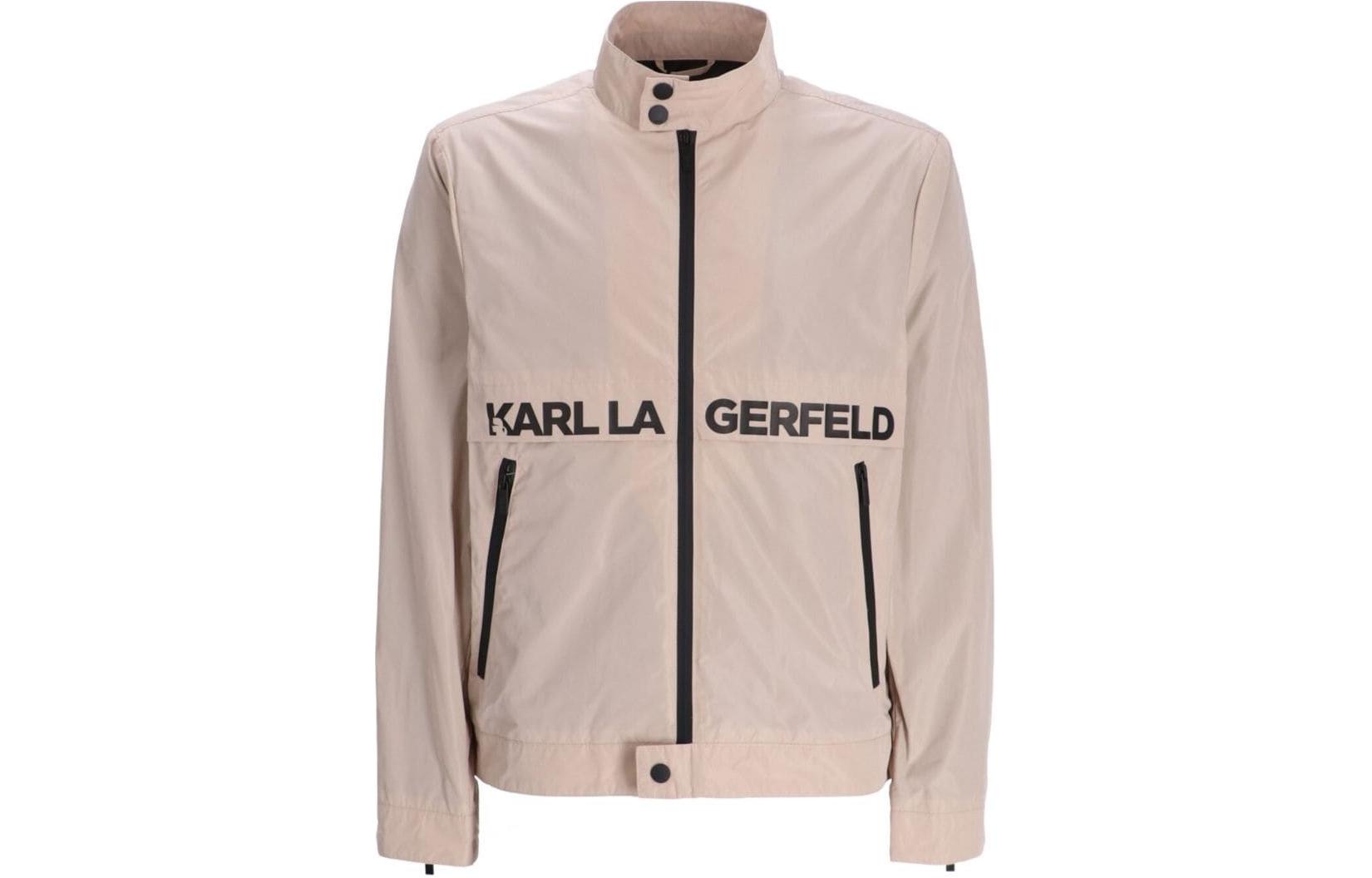 Karl Lagerfeld Beige Logo Print High-Neck Jacket for Men Urban Street Style 505081541501