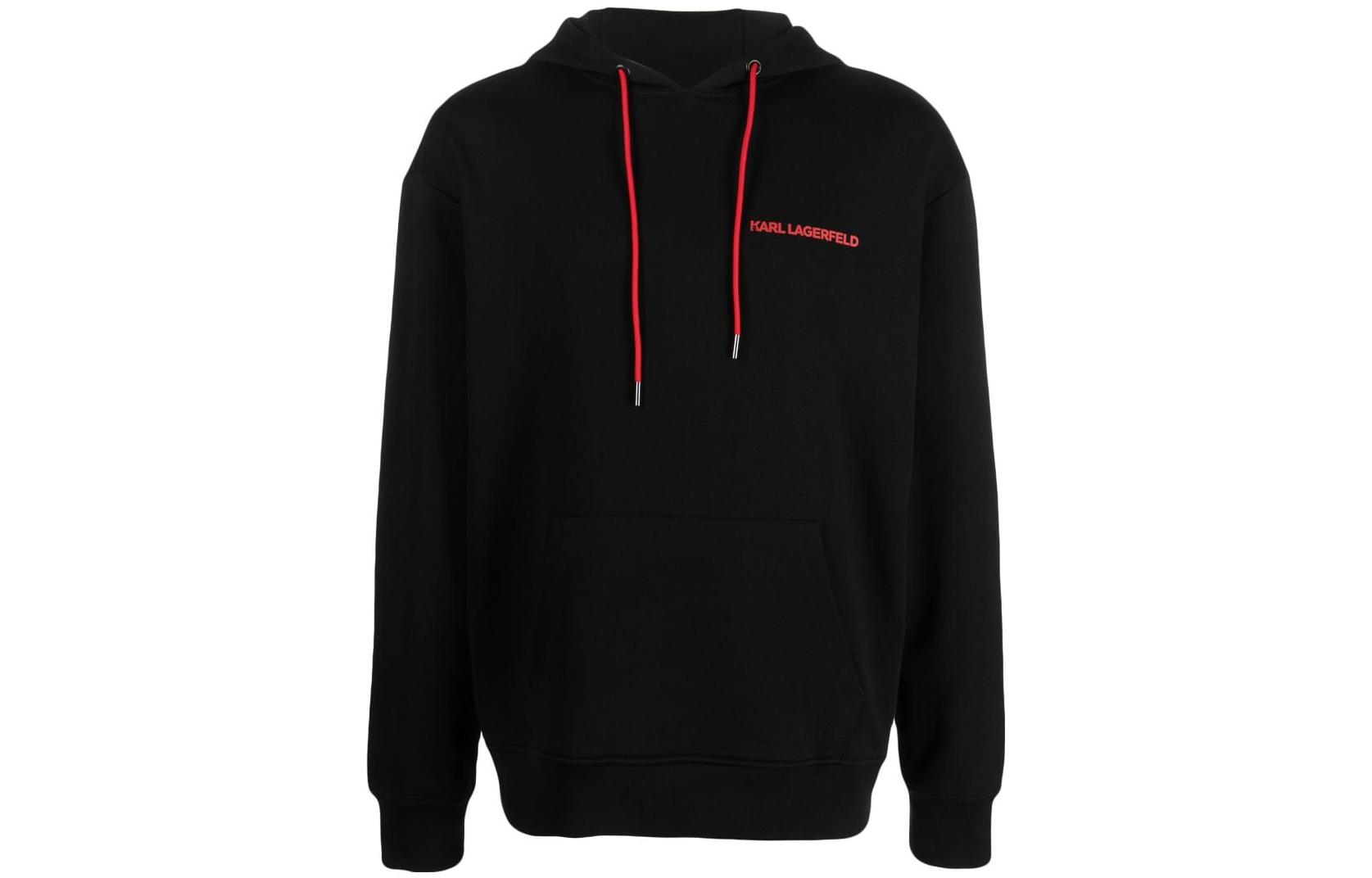 Karl Lagerfeld Black Hoodie with Logo Print and Drawstring Design 240M1802999