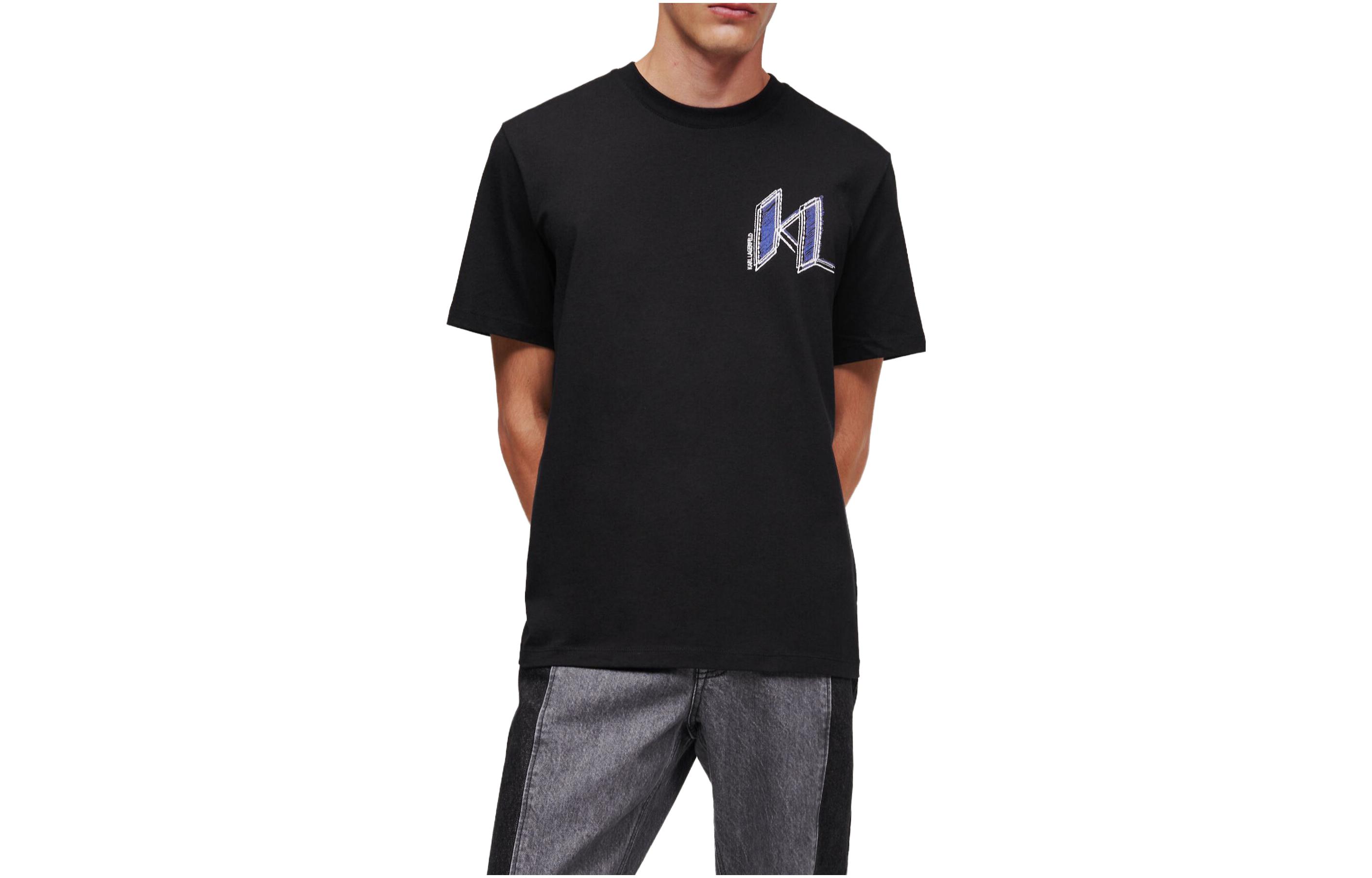KARL LAGERFELD Black Letter Print Crewneck Loose Fit Casual T-Shirt 230M1711999