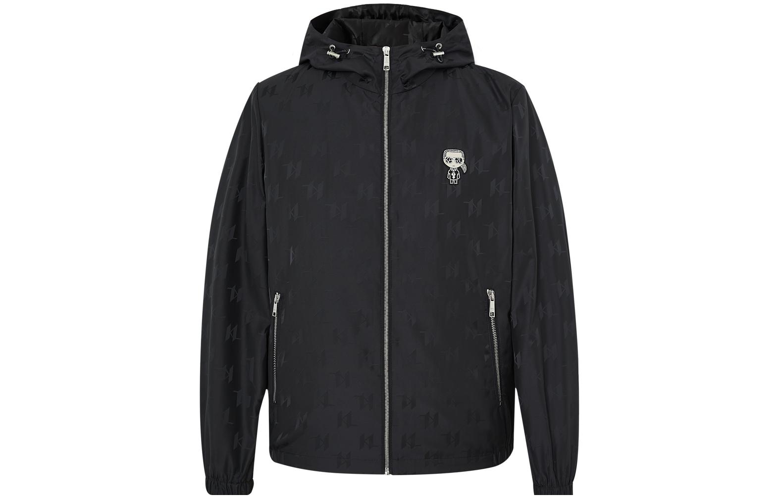 Order 卡爾拉格斐 男士黑色Logo印花拉鍊連帽外套 231N1521