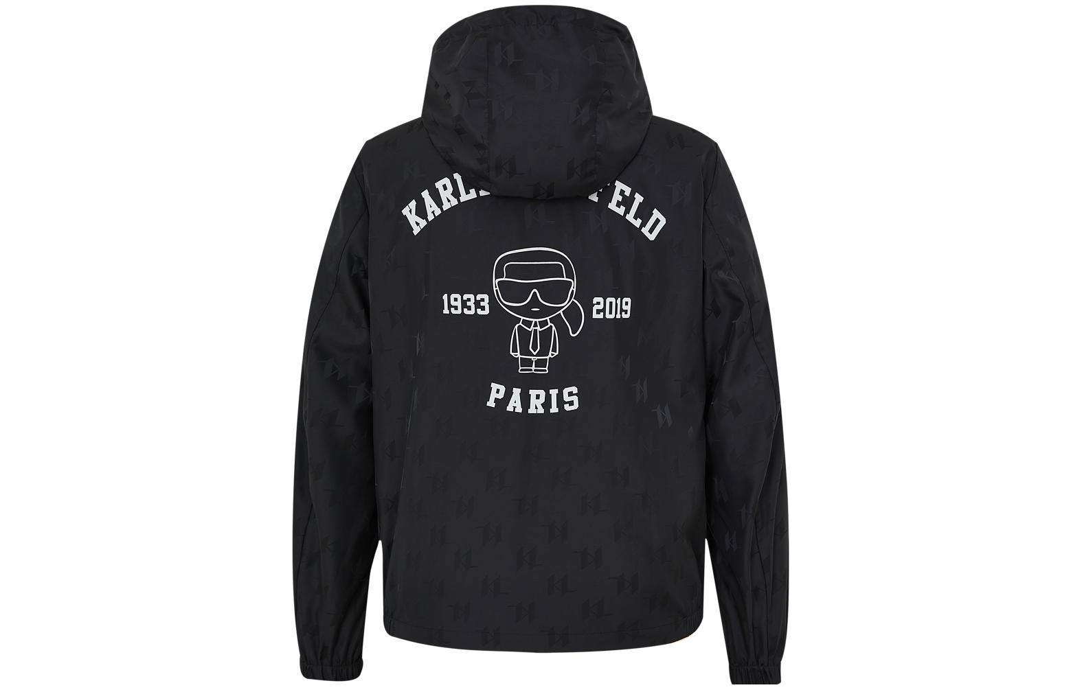 Lookbook 卡爾拉格斐 男士黑色Logo印花拉鍊連帽外套 231N1521