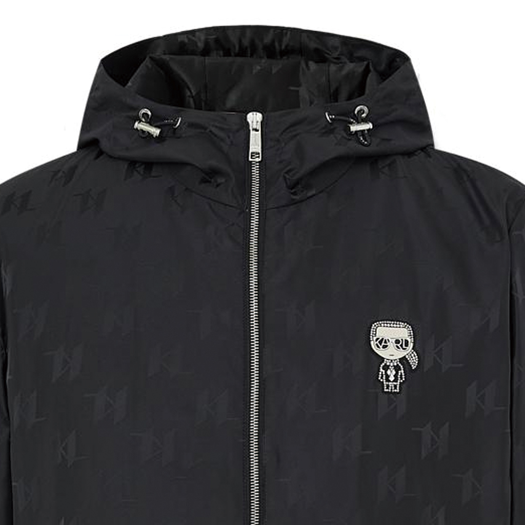 Sizing 卡爾拉格斐 男士黑色Logo印花拉鍊連帽外套 231N1521