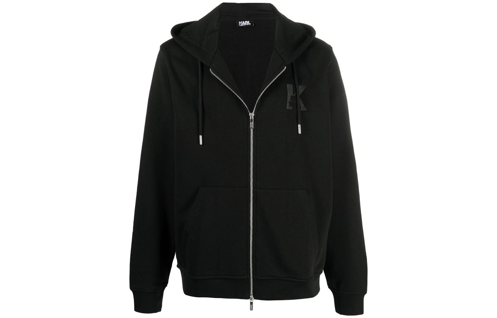 Karl Lagerfeld Black Solid Embroidered Zip-Up Hooded Sweatshirt Casual 705892500900